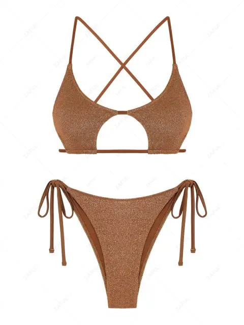 ZAFUL Tie Side Sparkly Metallic Criss Cross Star Shaped Bikini Swimwear | ZAFUL (Global)