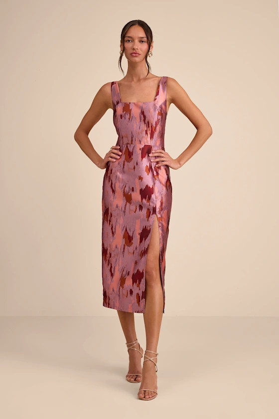 Diani Mauve Abstract Jacquard Column Midi Dress | Mexico City outfits  | Lulus