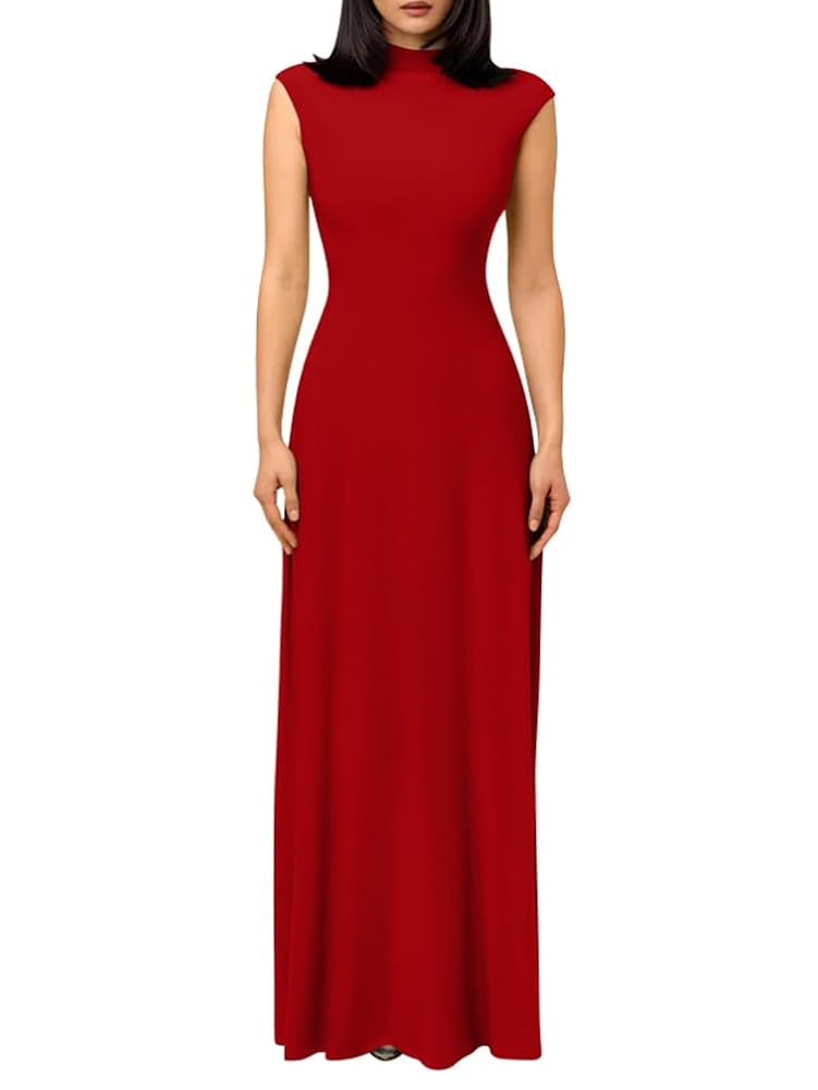 LAGSHIAN Women's Elegant Basic Maxi Dress High Neck Sleeveless Slim Formal Party Long Dresses | Amazon (US)