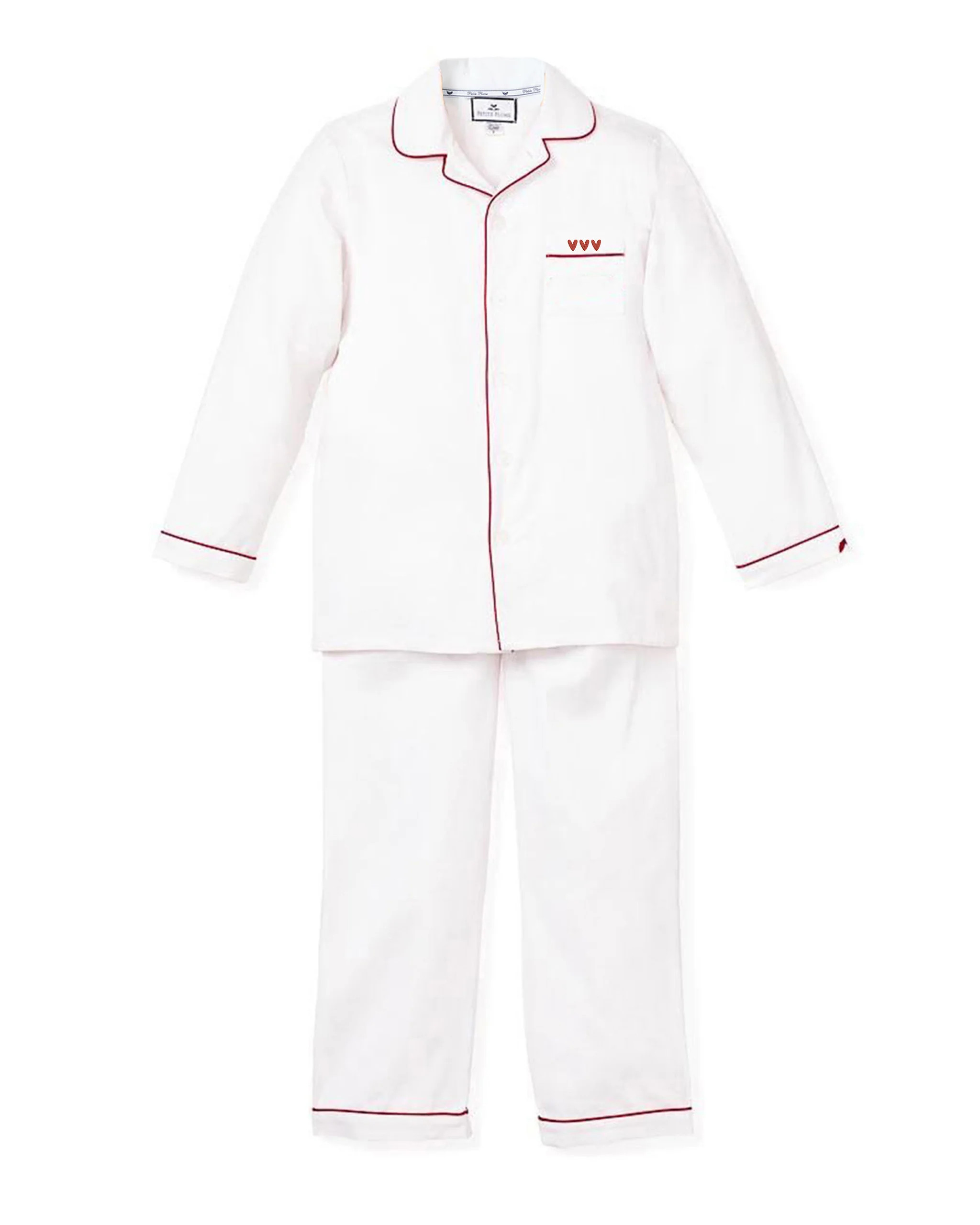 Kid's White Twill Pajama Set with Heart Embroidery | Petite Plume