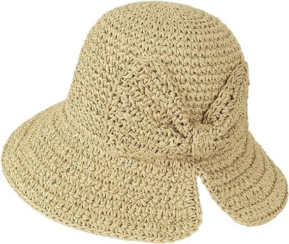 Floppy Straw Sun Hat Foldable Packable Wide Brim Summer Beach Hat Crochet Bucket Hat with Bow for... | Amazon (US)