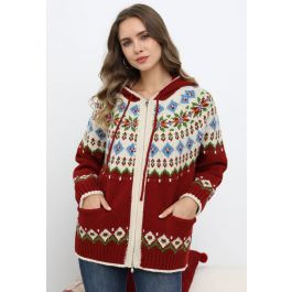 Ageless Fair Isle Double-Zip Hooded Knit Cardigan in Red | Chicwish