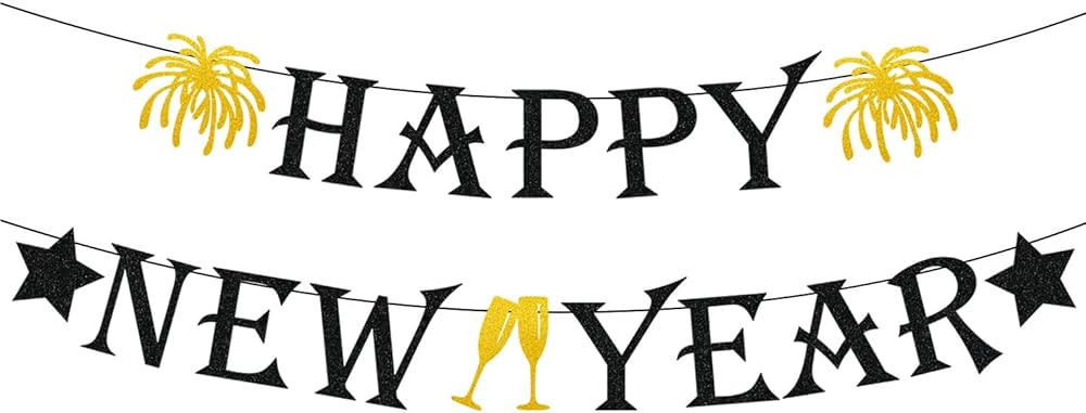 JOZON Black Glittery Happy New Year Banner with Fireworks Stars and Champagne Glasses Signs 2022 New | Amazon (US)
