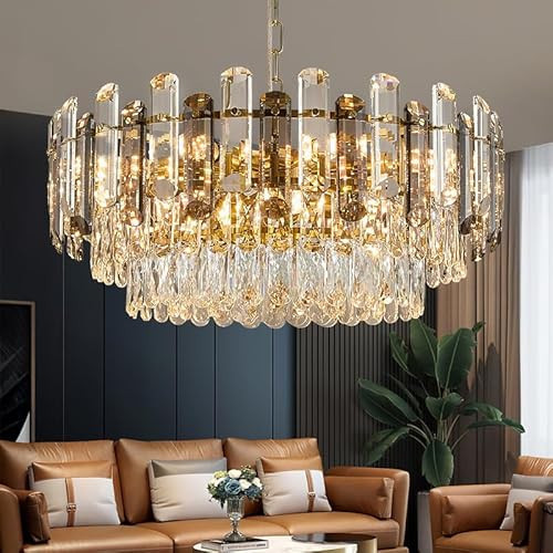 XIAOQIWU Gold Crystal Chandelier 23.6" Modern Crystal Pendant Light 3-Tier12-Light Ceiling Pendant Light Fixture for Dinning Room Living Room Foyer | Amazon (US)