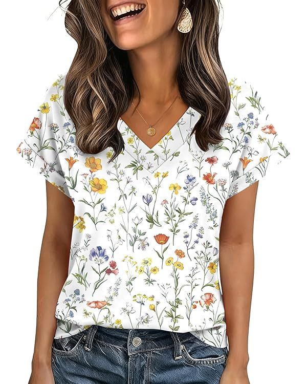 Zeagoo Womens Summer Tops Rolled Short Sleeve V Neck Shirts Casual Dressy Business Work Blouses O... | Amazon (US)