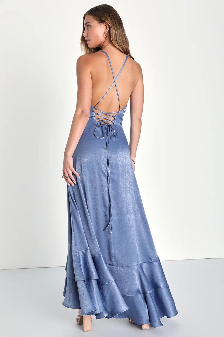 In Love Forever Slate Blue Satin Lace-Up High-Low Maxi Dress | Lulus (US)