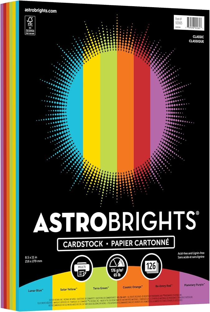 Astrobrights Colored Cardstock, Classic Assortment, 6-Colors, 65 lb./176 gsm, 8.5\u201d x 11\u201... | Amazon (US)