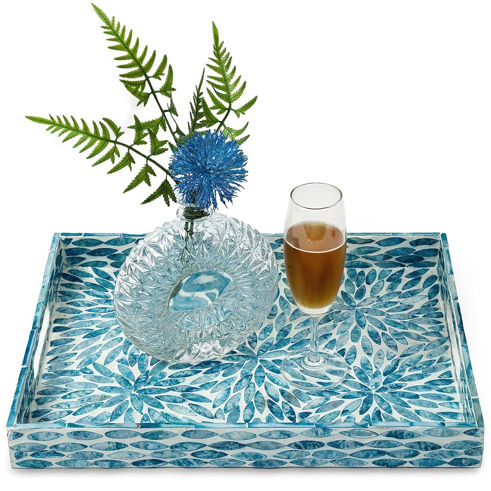 CLAYNIX Serving Tray 15.7" X11.8", Lacquer Mother of Pearl Inlay Mosaic Tray, Rectangle Wooden Ma... | Amazon (US)