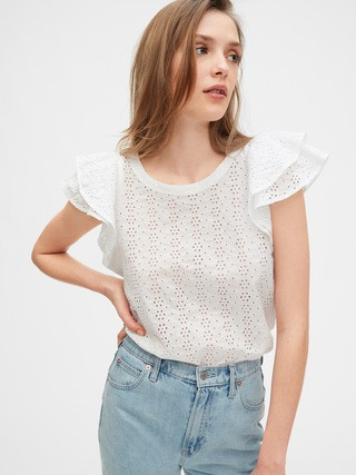 Womens / Shirts & TopsEyelet Ruffle Sleeve Top | Gap (US)
