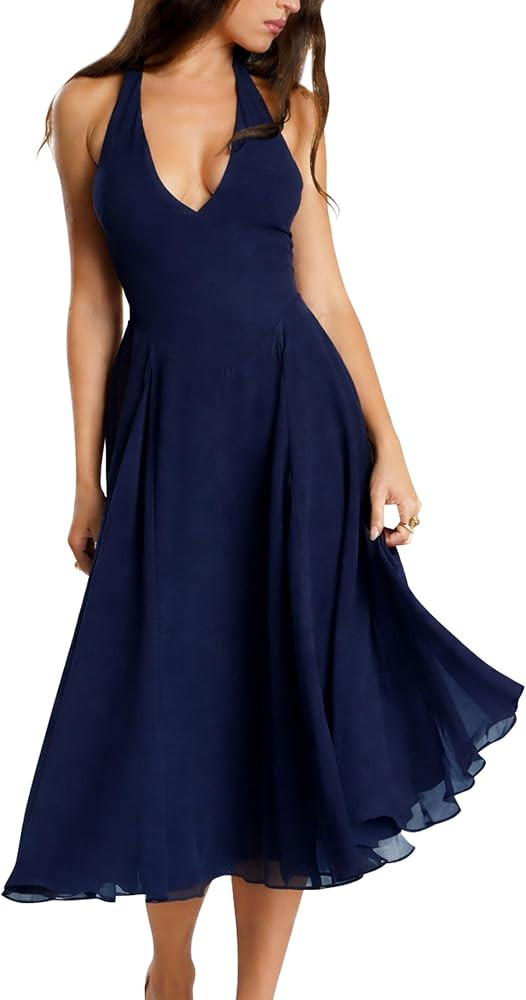 YMDUCH Women's Sexy Sleeveless Halter V Neck Mesh Party Midi Dress | Amazon (US)