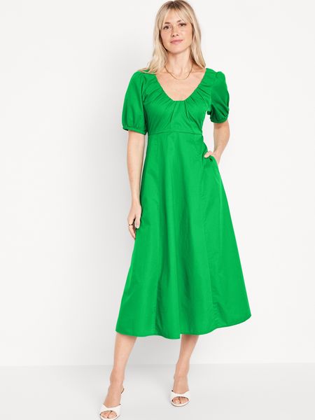 Puff-Sleeve Midi Swing Dress | Old Navy (US)