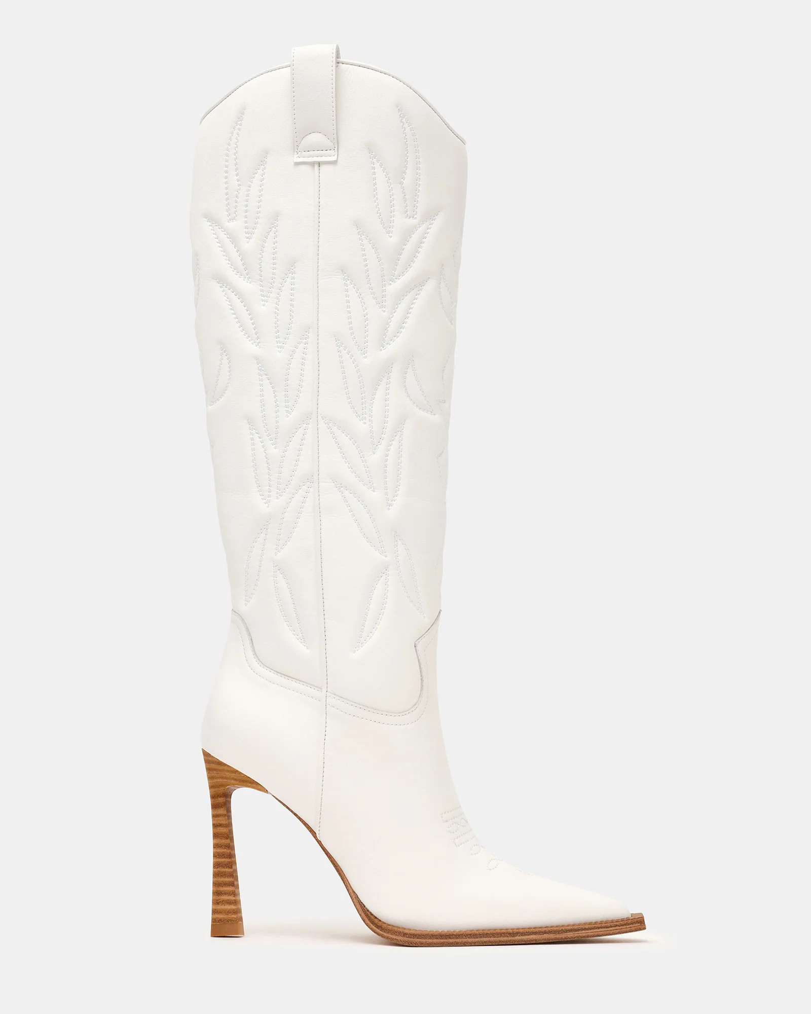 KINZEE White Leather Pointed-Toe Knee-High Western Stiletto Women's Boot | Steve Madden (US)