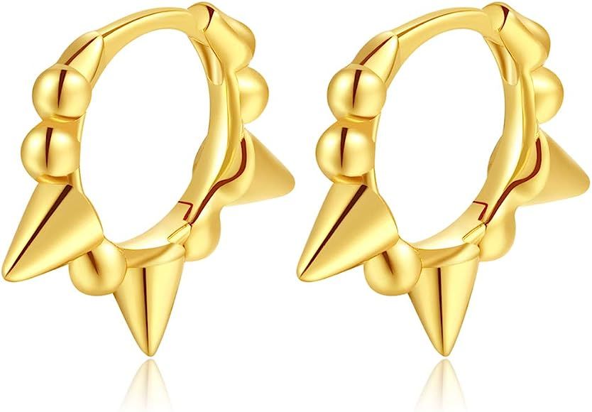 Spike Beaded Huggie Hoop Earrings, Gold Plated 925 Sterling Silver Small Geometric Earrings for W... | Amazon (US)