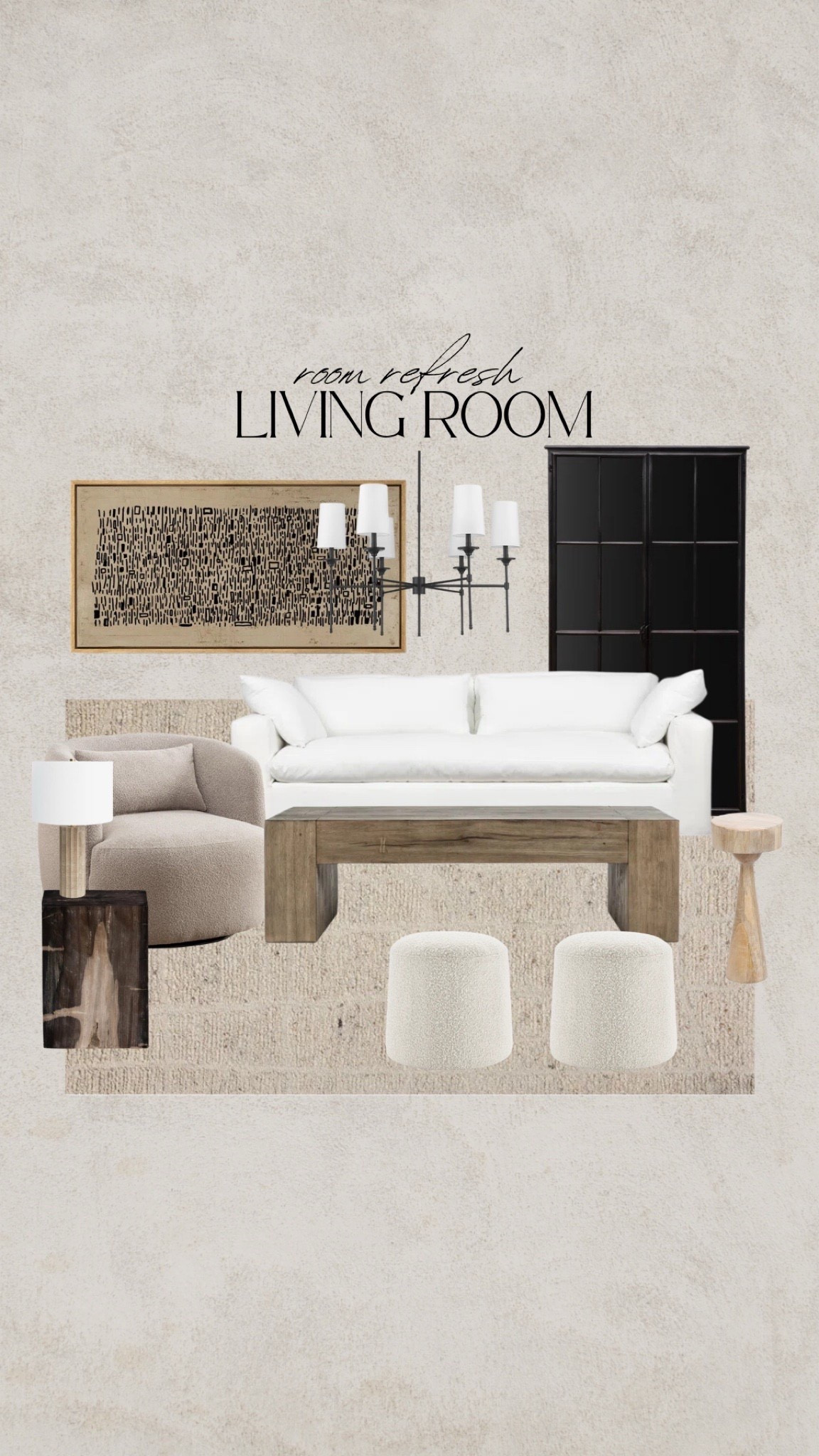 Living room refresh. Wayfair, black cabinet, white slipcover sofa, linen sofa, beam coffee table, boucle ottoman, stone lamp, travertine lamp, wood end table, abstract wall art, black chandelier, taupe accent chair, swivel chair, barrell chair

#LTKHome #LTKSaleAlert #LTKSeasonal

#LTKHome #LTKSeasonal #LTKSaleAlert