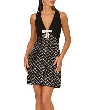 Adrianna by Adrianna Papell Sequin Plunge V-Neck Rhinestone Bow Sheath Mini Dress | Dillard's | Dillard's