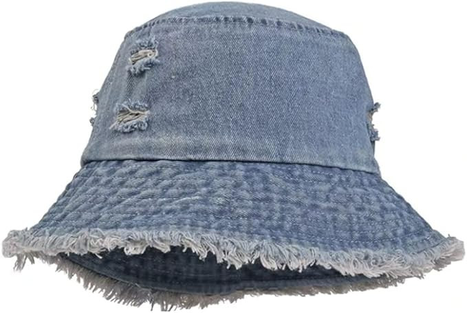 Distressed Denim Bucket Hats Frayed Jean Ripped Hole Fringe Edge Sun Beach Women | Amazon (US)