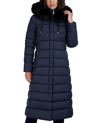 Tahari Womens Maxi Shine Bibbed Faux-Fur-Trimmed Hooded Puffer Coat - Macy's | Macy's