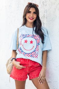 Multi Patriotic Smiley Checkered Ice Blue Graphic Tee | Pink Lily