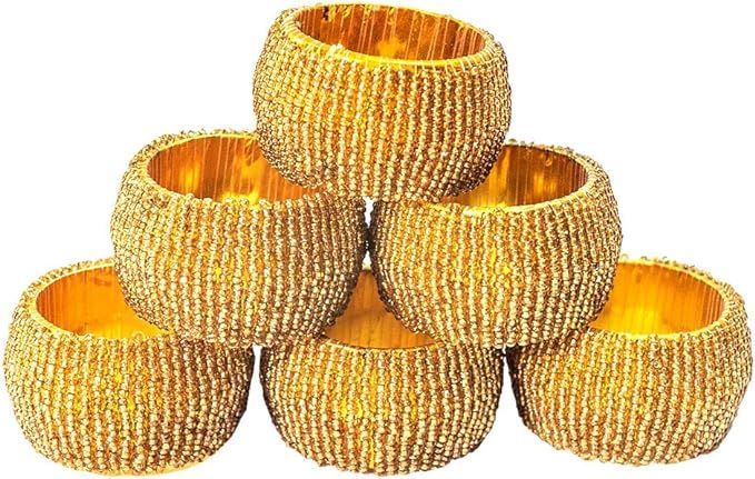 Nirvana Class 1.5 Inch Handmade Indian Gold Beaded Napkin Rings - Set of 6 Rings | Amazon (US)