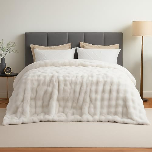Amélie Home Faux Fur Throw Blanket for Bed, Ultra Soft Fuzzy Plush Bubble Blanket for Bedroom & Bed Decor, 108"x90", Cream White | Amazon (US)