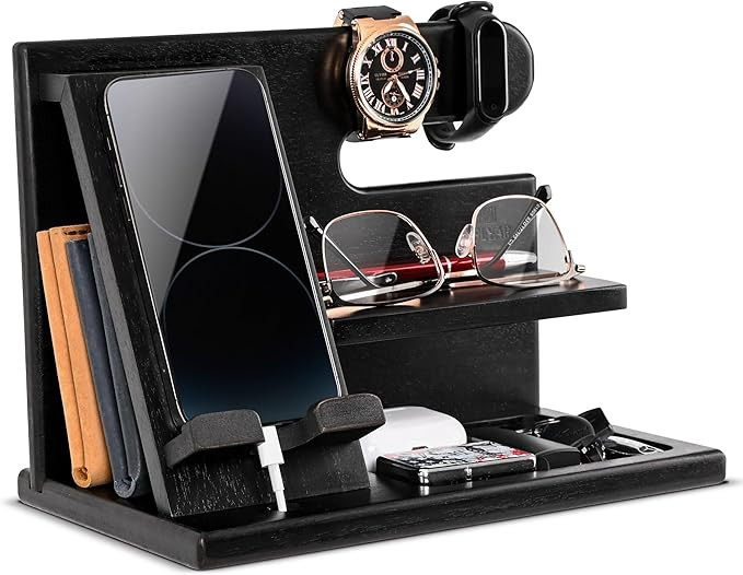 TESLYAR Wood Phone Docking Station - Nightstand Organizer - Desk Organizer for Husband - Birthday... | Amazon (US)