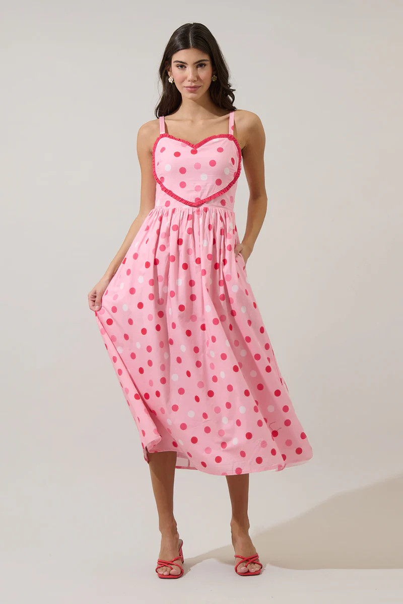 Serry Polka Dot Heart Smocked Midi Dress | Sugarlips