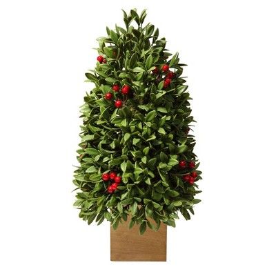 18" Unlit Boxwood Artificial Christmas Tree with Berries in Wood Pot - Haute Décor | Target
