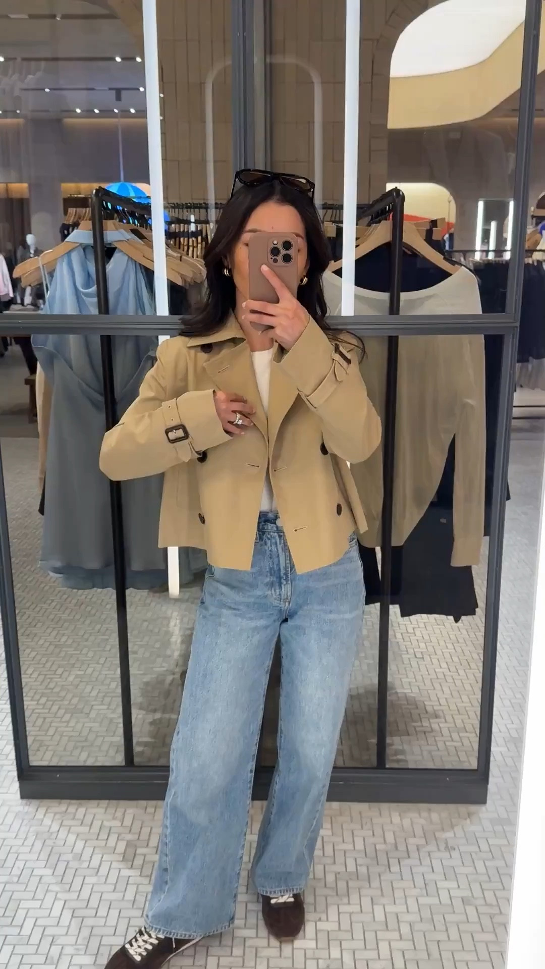 Tip: my jeans in Short + Ankle (both are linked below) fit the same! Both have a 27" ish inseam and the same wash

• Esquire cropped trench coat xxs, sleeves a little long on me. Good shorter length, slimmer fit

• Aritzia Farrah jeans sz 24 short in "7 yrs bleu taboo", slightly loose and relaxed fit at my waist, length is great. The black color runs much smaller. 

• HomeStretch ribbed long sleeve tee I size up to XS

• Dolce Vita suede sneakers runs small, size up! I took a 6 for a comfortable fit

• Madewell sunglasses & bag

Spring jacket, cropped jacket, petite friendly jeans 

 

#LTKPetite #LTKootd #LTKmomlife