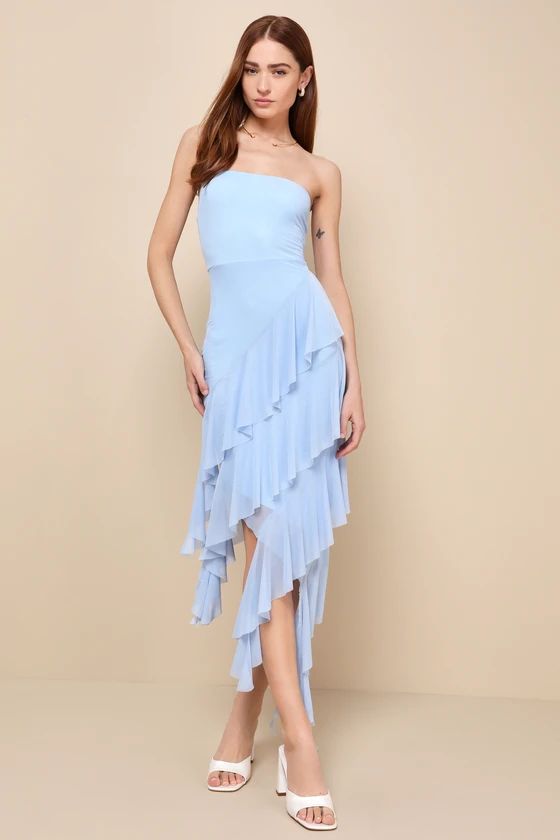 Iconic Babe Light Blue Mesh Asymmetrical Strapless Midi Dress | Lulus