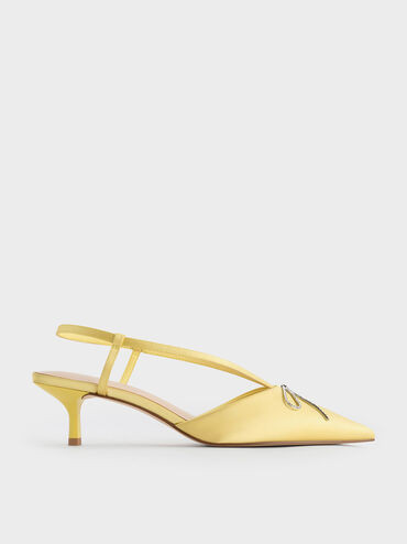 Yellow Recycled Polyester Crystal-Bow Kitten-Heel Slingback Pumps | CHARLES & KEITH UK | Charles & Keith UK