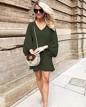 SOLERSUN Women's Casual Chiffon Tunic Dress Long Sleeve V Neck Loose Flowy Swing Dresses | Amazon (US)