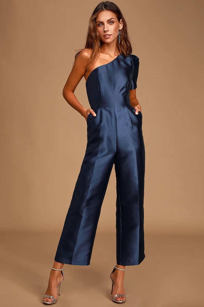 Divine Dream Navy Blue Satin One-Shoulder Culotte Jumpsuit | Lulus (US)