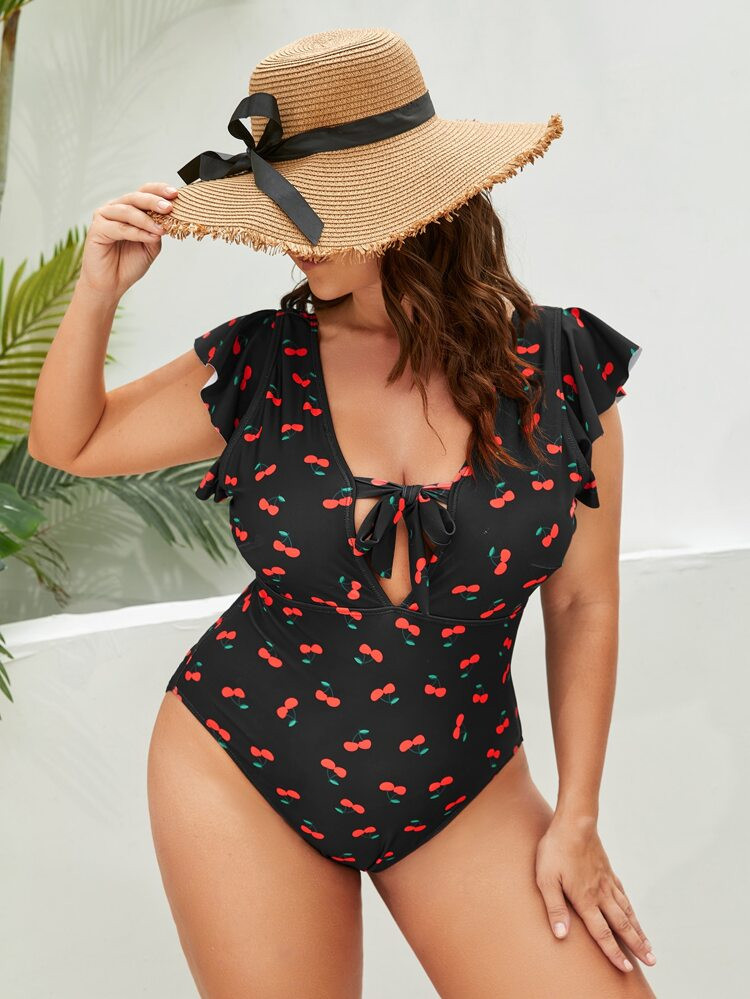 Plus Cherry Print Tie Front Flutter Sleeve One Piece Swimsuit | SHEIN