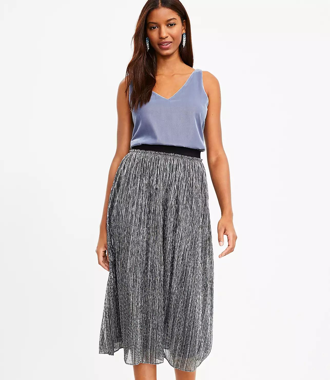 Velvet Waist Shimmer Midi Skirt | LOFT