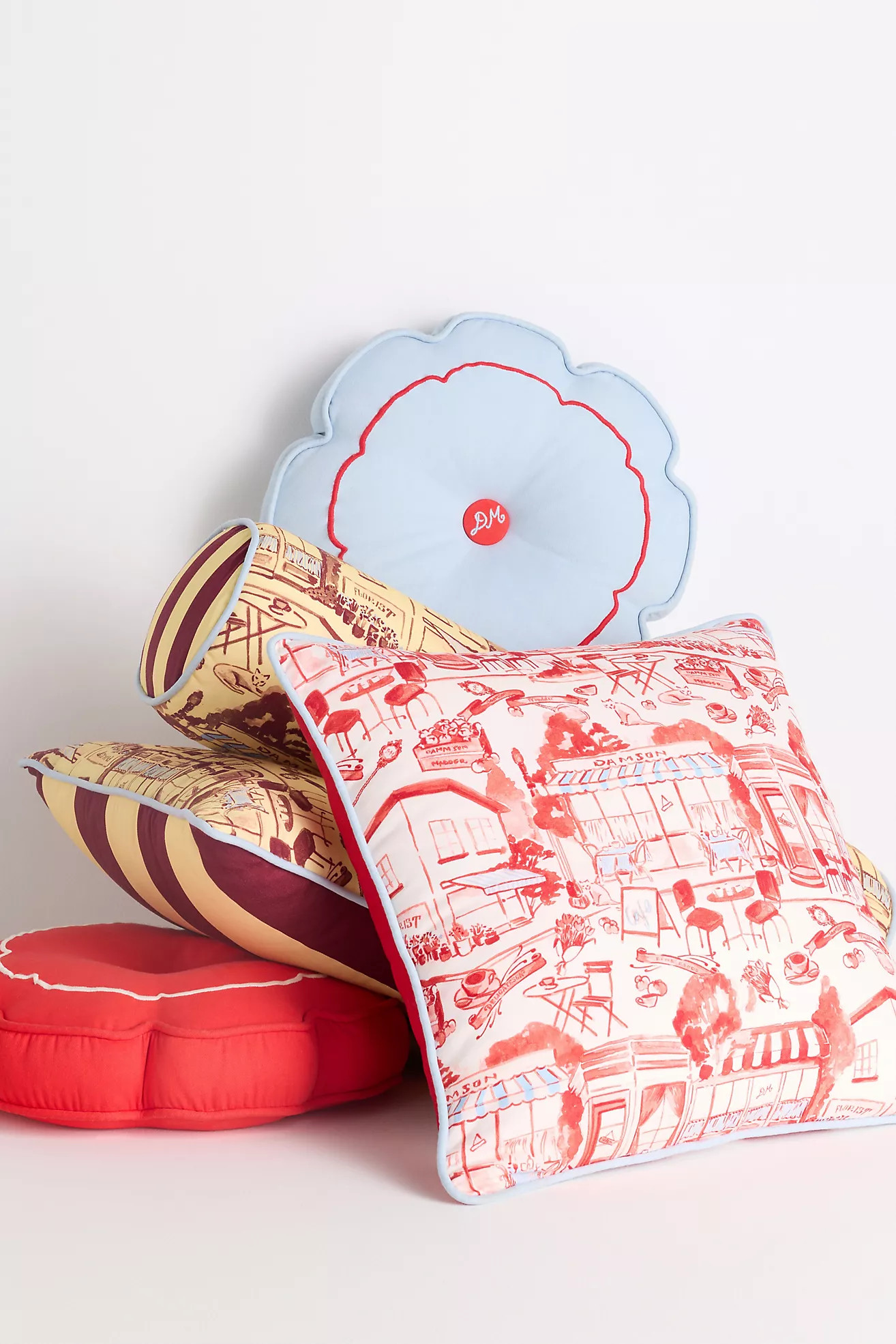 Damson Madder Cotton Embroidered Button Round Shaped Pillow | Anthropologie (US)