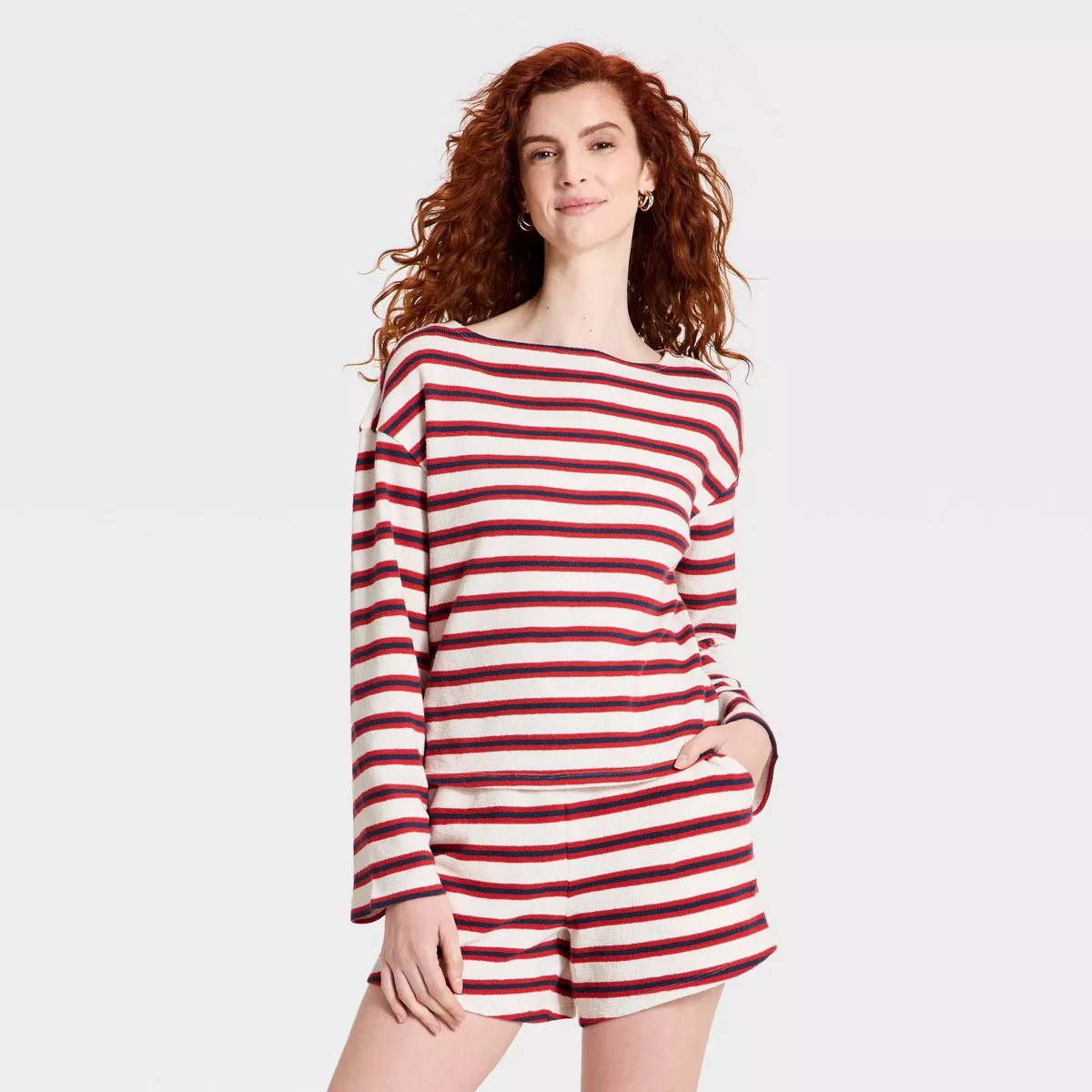 Women's Long Sleeve Boat Neck T-Shirt - Universal Thread™ Cream Striped S | Target