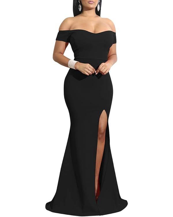 YMDUCH Women's Off Shoulder High Split Long Formal Party Dress Evening Gown | Amazon (US)