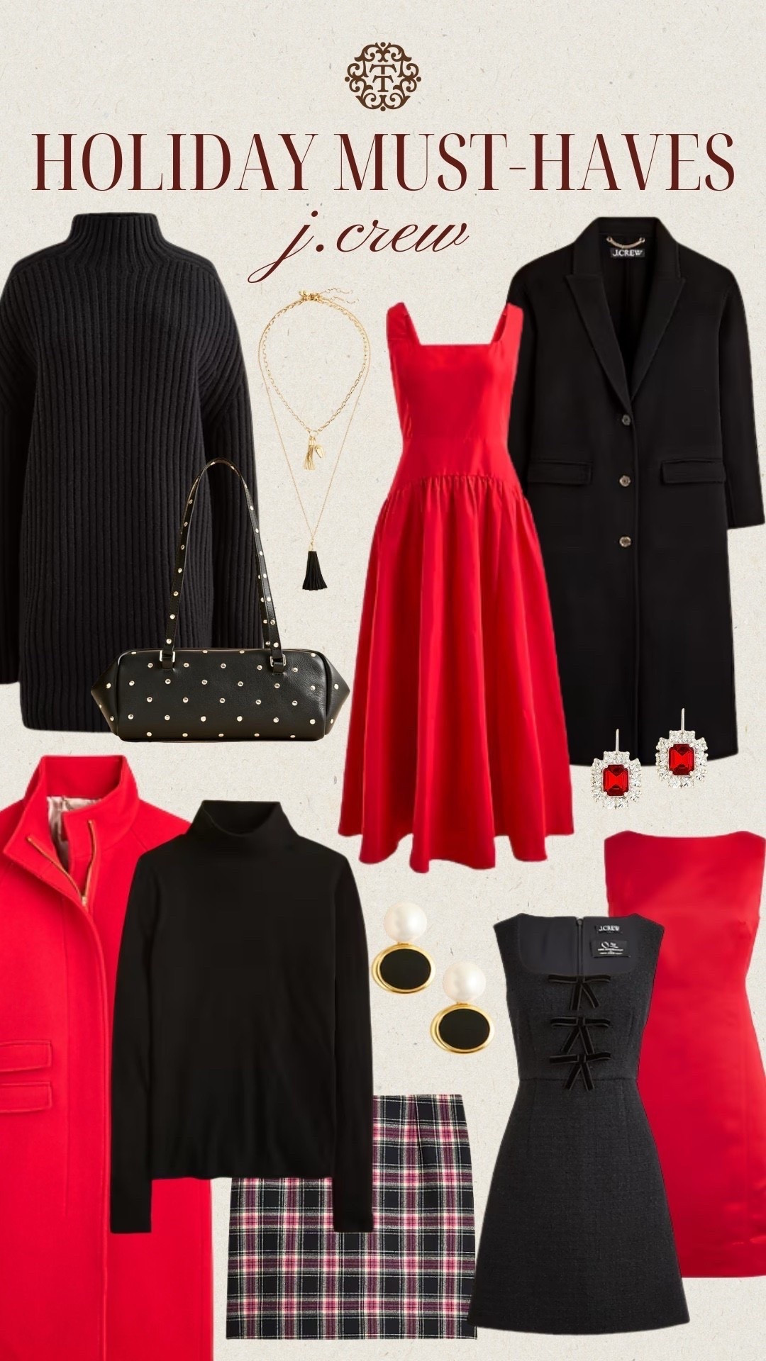 Holiday must-haves from J.Crew! A pop of red, bows, and plaid are what make holiday looks! You can grab sparkly earrings, dresses with bow details, and plaid skirts all from J.Crew! We also highly recommend the bright red coat, black sweater dress, and studded purse. 

#LTKMidsize #LTKHoliday #LTKSeasonal