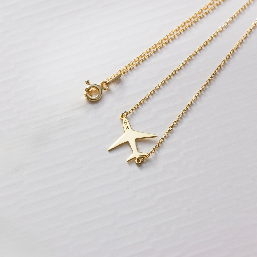 Personalized Airplane Necklace, 14K Solid Gold Air Plane Pendant, Custom Traveler Necklace, Women... | Etsy (US)