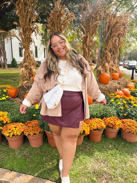 a faux leather skort? count me in!! 🤩👏🏽🍁 @americaneagle killed it with this one!!! head to my stories for outfit details along with sizing 🫶🏽 #AEJeans #AEPartner 


#LTKsalealert #LTKSeasonal #LTKplussize