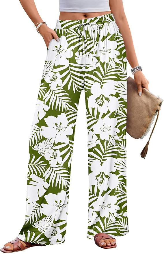 MEROKEETY Women's Striped Floral Wide Leg Pants Drawstring Elastic High Waist Casual Pants with P... | Amazon (US)
