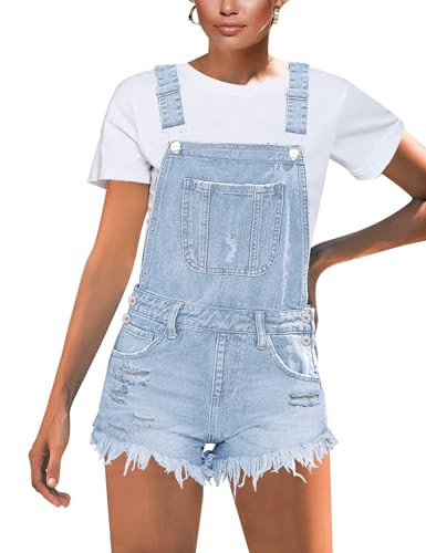luvamia Women'S Ripped Short Overalls Adjustable Denim Bib Overall Shorts Romper Denim Overall Shorts Denim Overalls Cool Blue Size Large Size 12 Size 14 | Amazon (US)