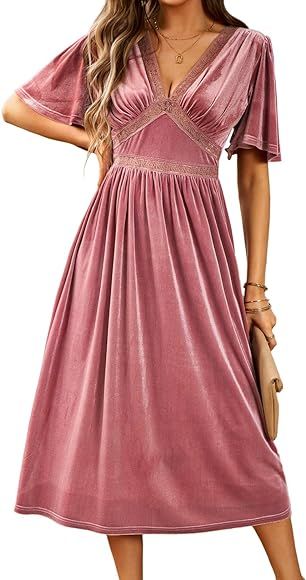 Zilcremo Women Deep V Neck Elegant Velvet Dress Bell Sleeve Lace Flowy Midi Party Dresses | Amazon (US)
