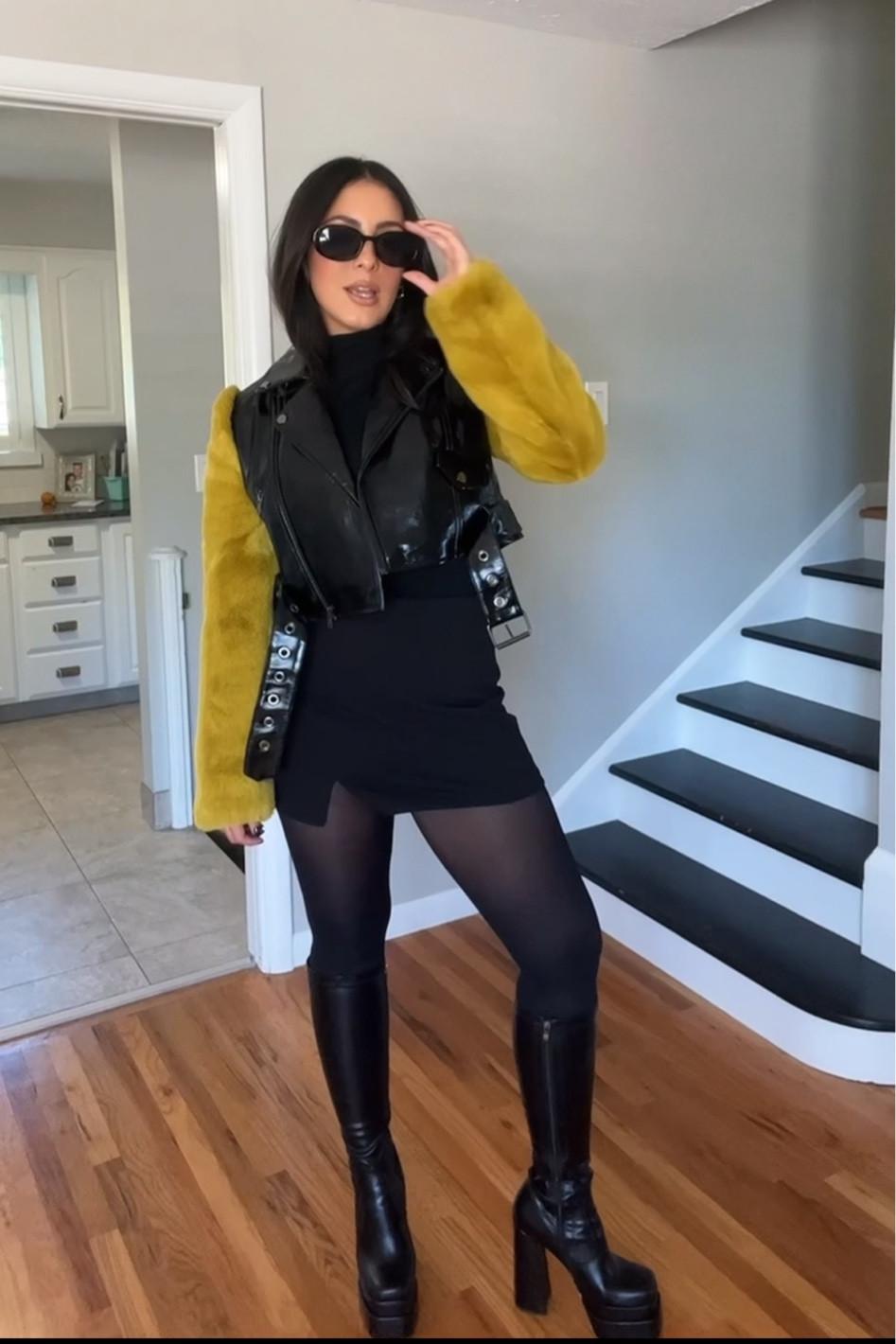 Jacket- small
Bodysuit- small
Skirt- medium 
Boots-8