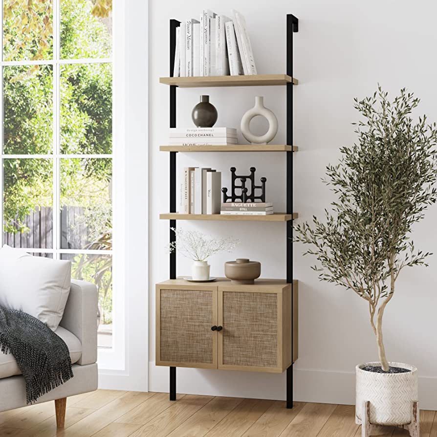 Nathan James Theo Ladder 3 tier Open Bookshelf with Rattan Drawers and Matte Steel Frame, Light Oak/ | Amazon (US)