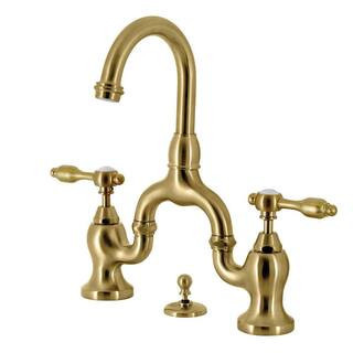 Kingston Brass Tudor 2-Handle High Arc 8 in. Bridge Bathroom Faucets with Brass Pop-Up in Brushed Brass | The Home Depot