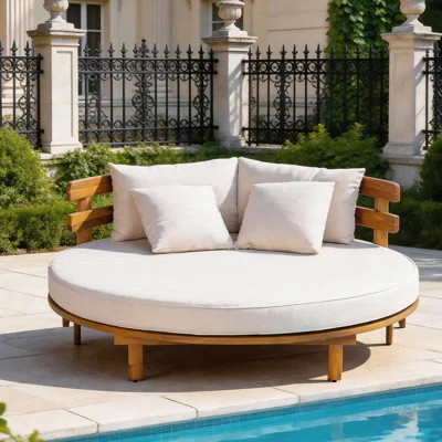 Outdoor Acacia Wood Round Daybed – Patio Lounger with Curved Slatted Backrest for Backyard, Poolside, Beige | Wayfair North America