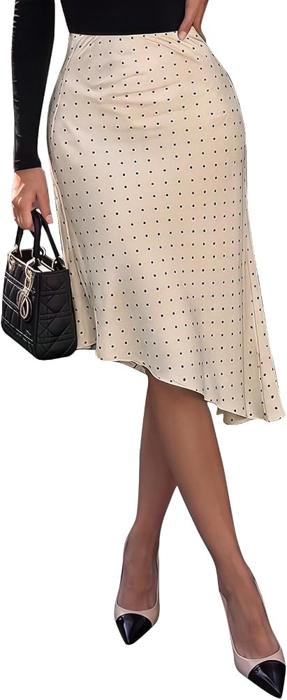 EXLURA Womens Polka Dot Silk Satin Midi Skirt Asymmetrical Hem Flowy Skirts | Amazon (US)