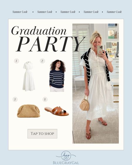 Mother’s Day outfit idea or spring party (like Graduation ceremony!) white t-shirt dress with striped sweater over the shoulder. Accessorized with rattan clutch, brown Hermes Oran slide dupes for lrettt summer dress outfit  

#LTKover40 #LTKparties #LTKSeasonal
