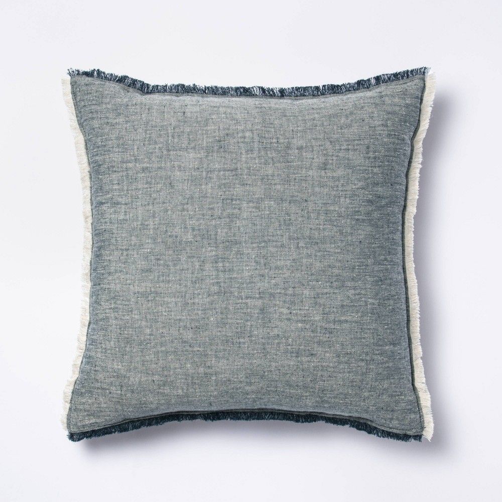 Square Linen Throw Pillow with Contrast Frayed Edges Navy/Cream - Threshold designed with Studio McG | Target